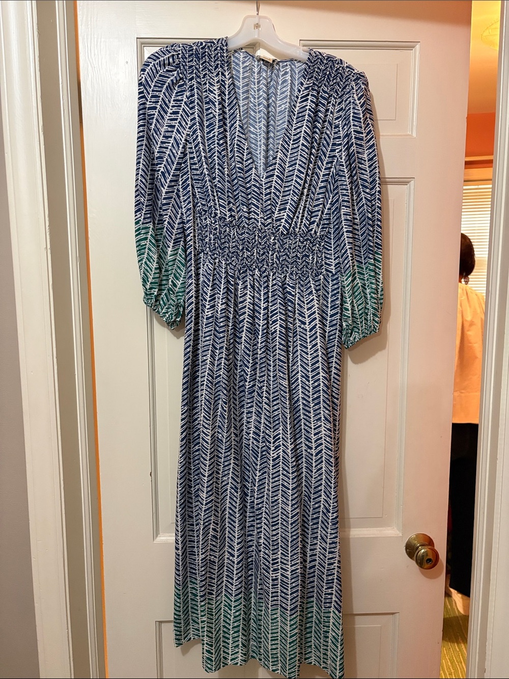 Shoshanna Navy and Green V-Neck Smocked Maxi Dress